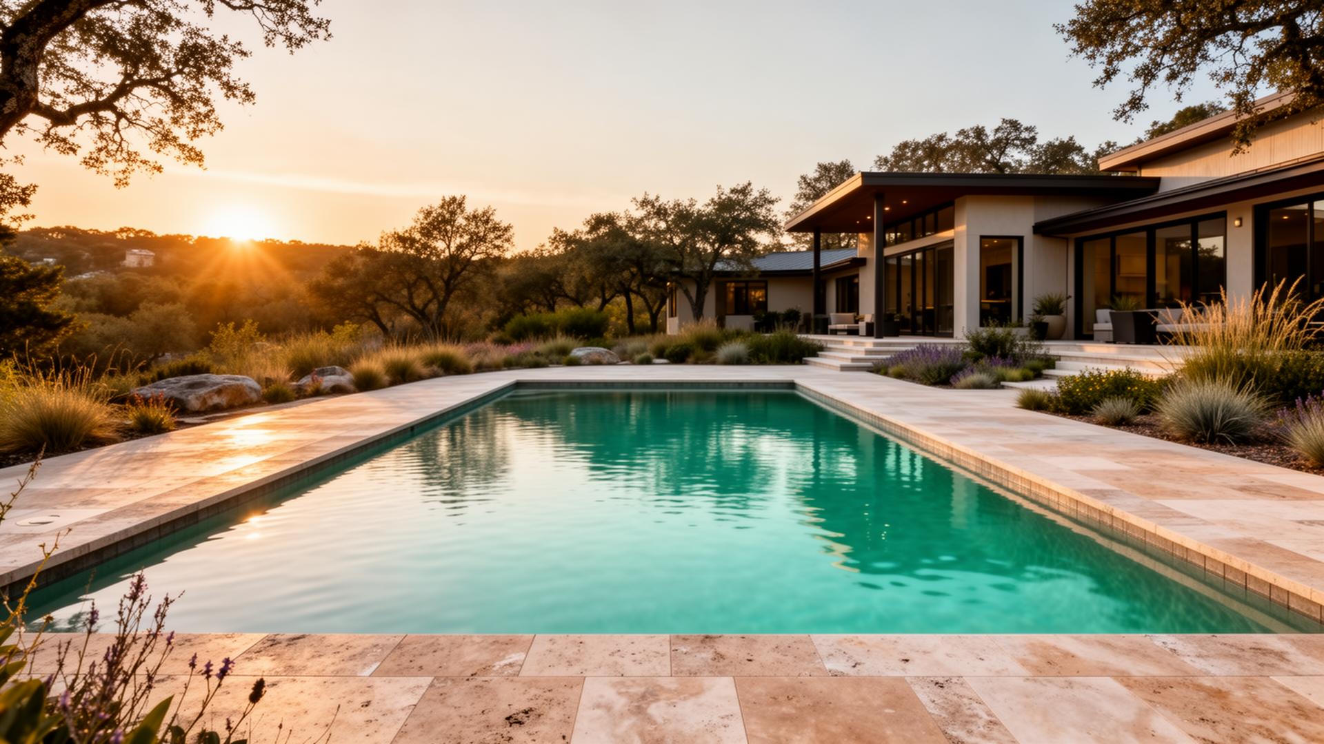 Custom backyard pool in the Illinois area and surrounding communities at golden hour