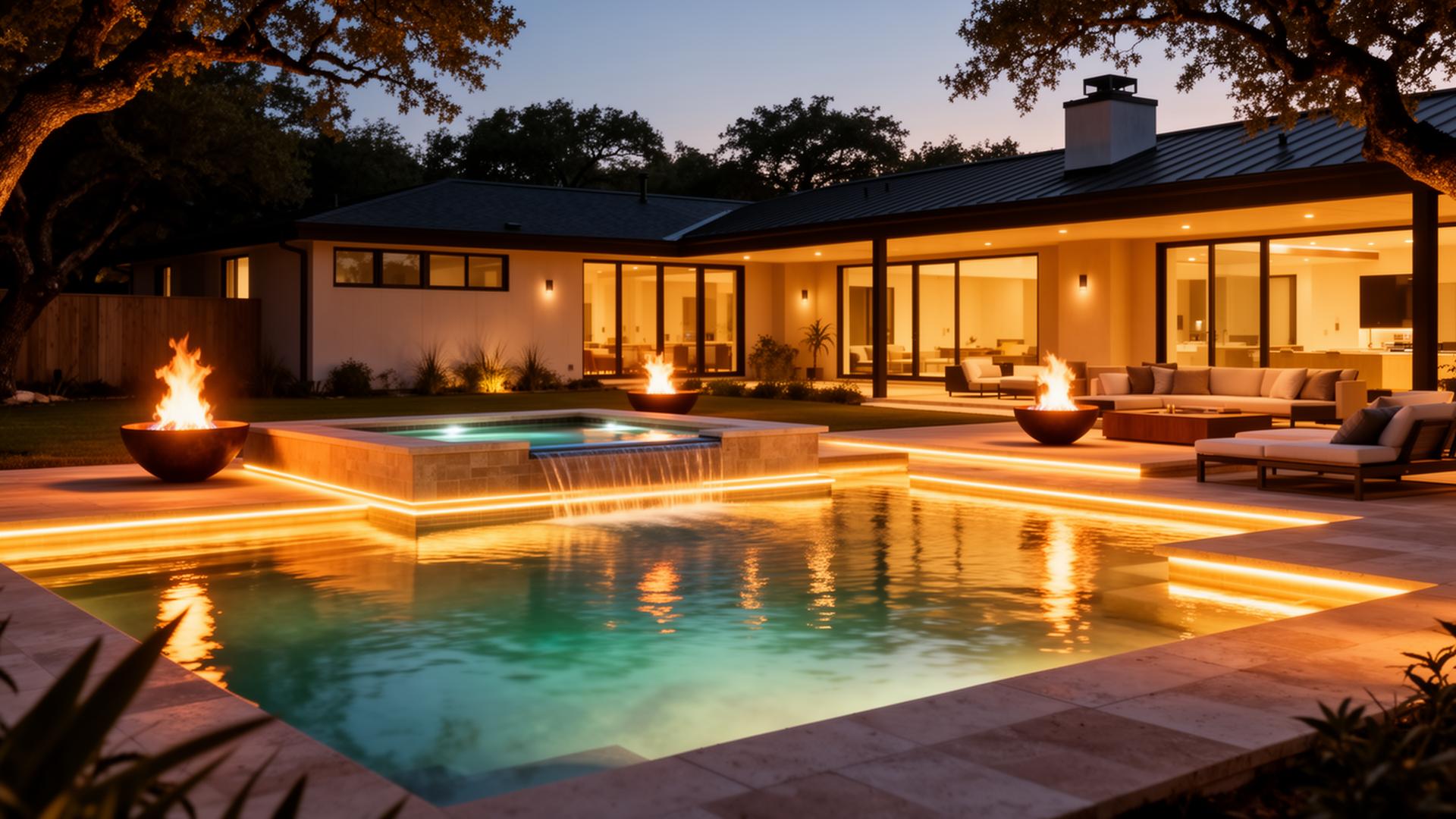 Beautiful backyard pool at dusk with warm lighting