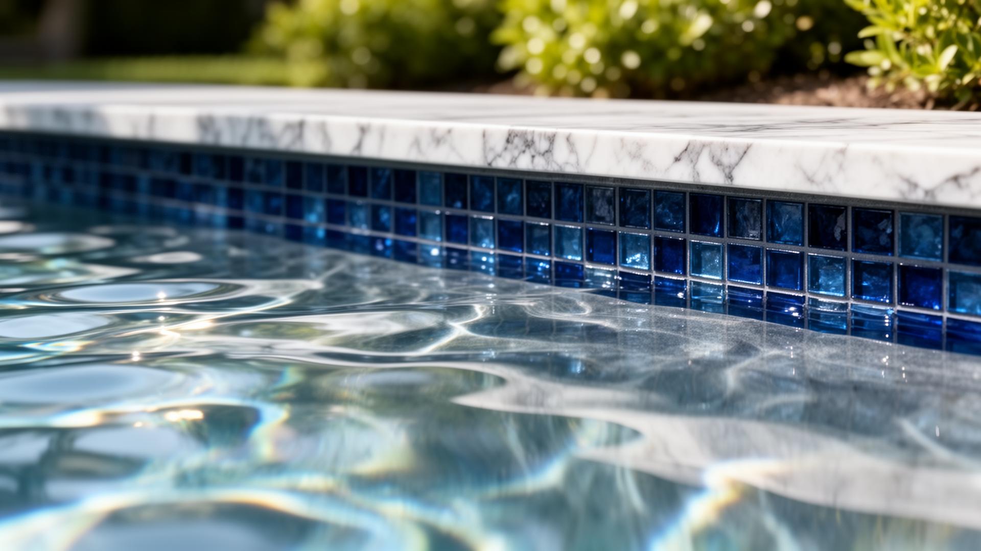 Close-up of crystal clear pool water with glass mosaic tile and marble coping