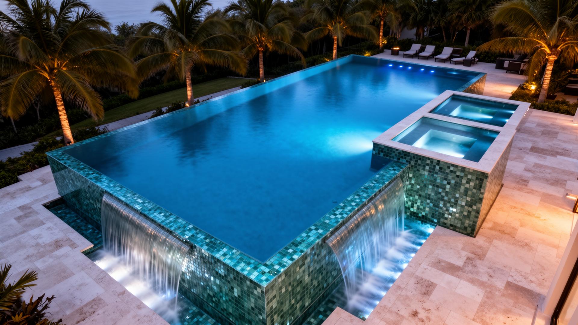 Luxury infinity pool with spa and waterfalls at twilight