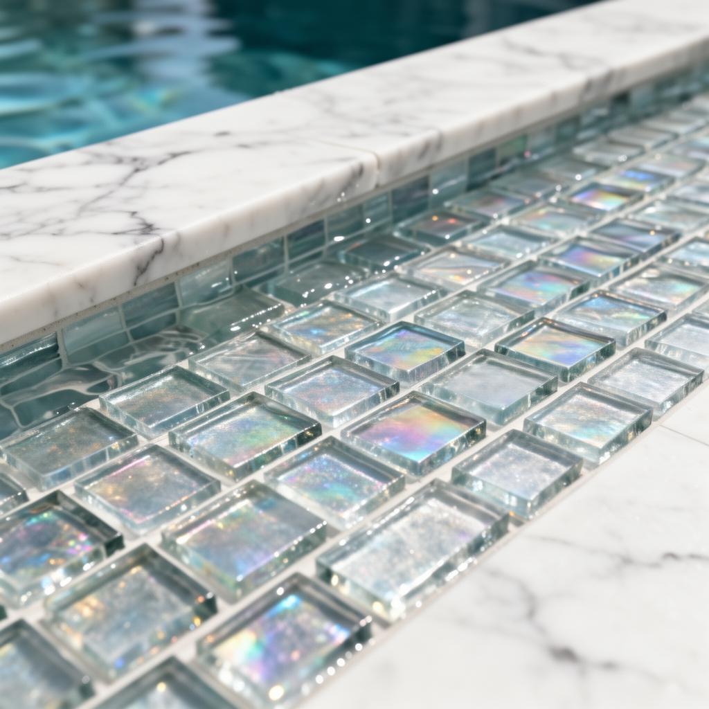 Glass tile waterline detail with marble coping