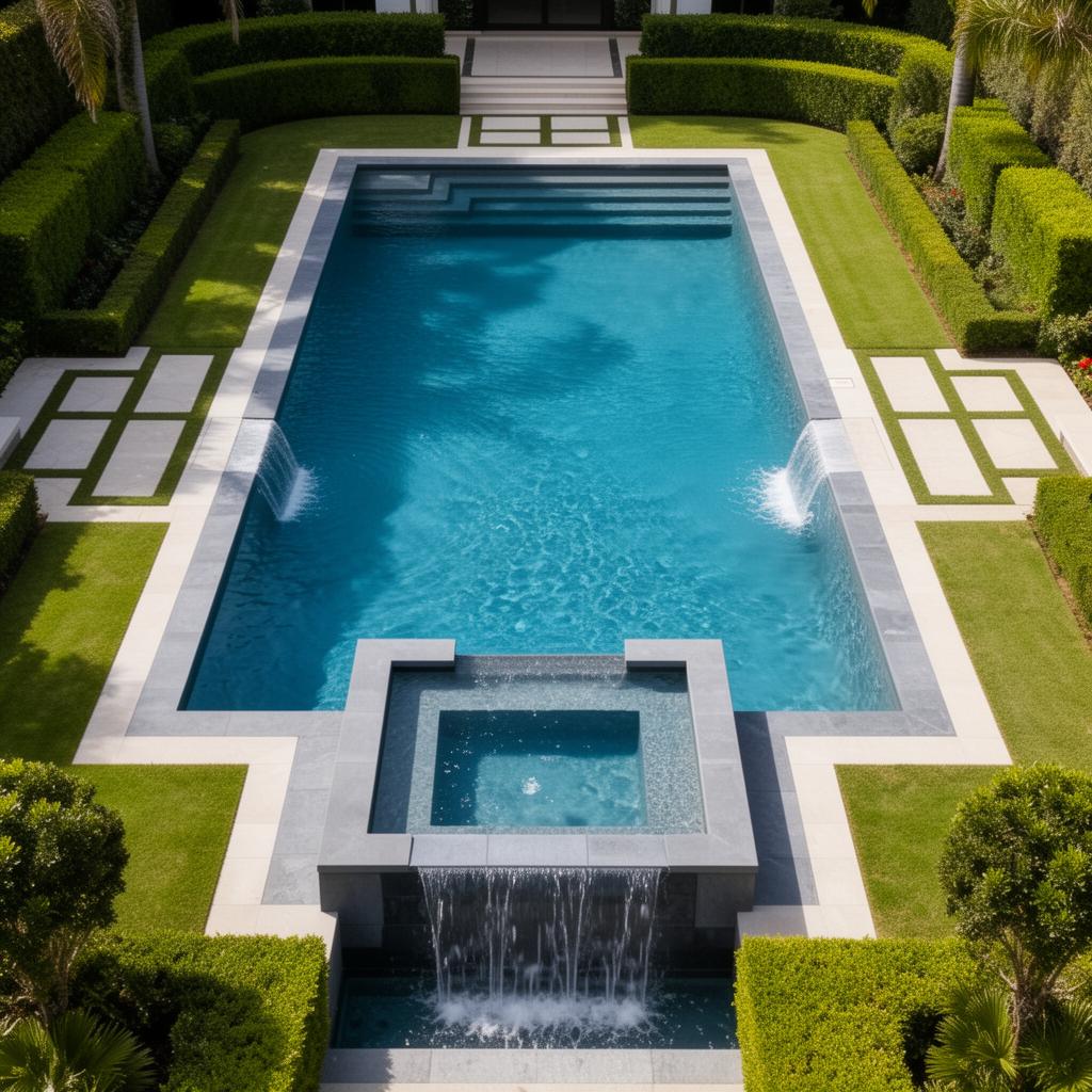 Aerial view of modern pool with spa and sheer descents